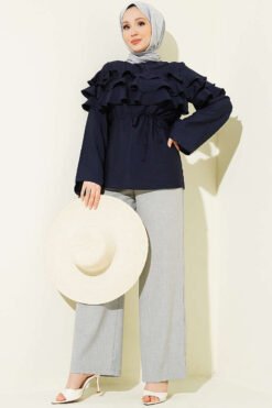 منظر بديل لـ Ruffled Tie Waist Tunic Navy Blue