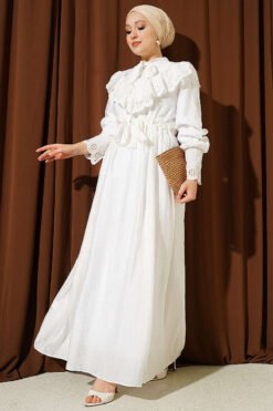 Ruffled V Neck Embroidered Waist Tunic Dress White