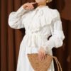 Ruffled V Neck Embroidered Waist Tunic Dress White - Imagen 2