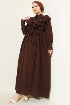 Ruffled V Neck Embroidered Waist Tunic Dress Brown