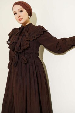 Alternatieve weergave van Ruffled V Neck Embroidered Waist Tunic Dress Brown