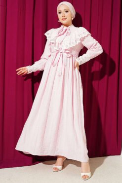 Ruffled V Neck Embroidered Waist Tunic Dress Pink