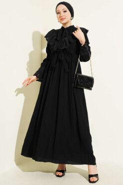 Ruffled V Neck Embroidered Waist Tunic Dress Black