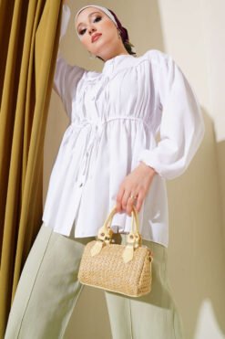 Shirred Blouse with Bow White