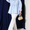 Shirred Blouse with Bow Blue - Imagen 2
