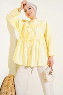 Shirred Blouse with Bow Yellow
