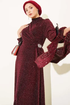 Silver Buckle Glittering Stone Evening Dress Burgundy