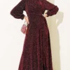 Silver Buckle Glittering Stone Evening Dress Burgundy - Image 2