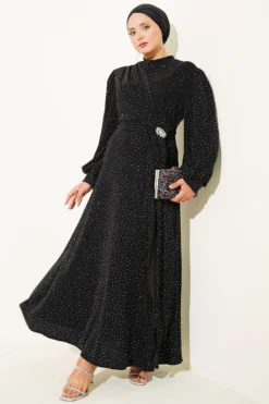 Silver Buckle Glittering Stone Evening Dress Black