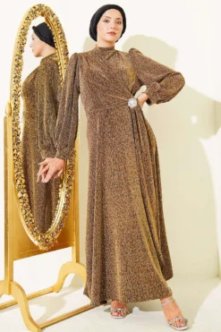Silver Buckle Glittering Stone Evening Dress Gold