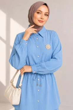Alternative view of Shirt Collar Waist Tunic Two-Piece Set Baby Blue