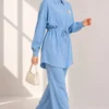 Shirt Collar Waist Tunic Two-Piece Set Baby Blue - Image 3