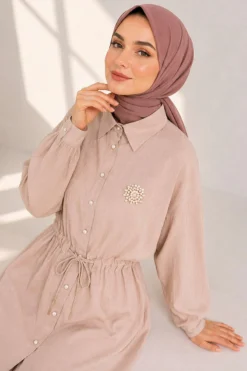 Alternative view of Shirt Collar Waist Tunic Two-Piece Set Beige