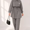 Shirt Collar Waist Tunic Two-Piece Set Grey