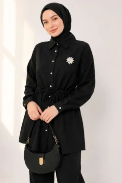 Alternative view of Shirt Collar Waist Tunic Two-Piece Set Black
