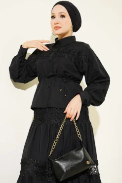 Alternative view of Lace Detailed Skirted Two-Piece Set Black