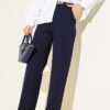 Wide Leg Belted Button Pants Navy Blue