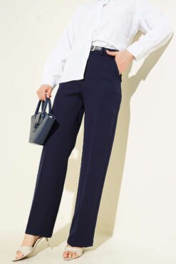 Wide Leg Belted Button Pants Navy Blue