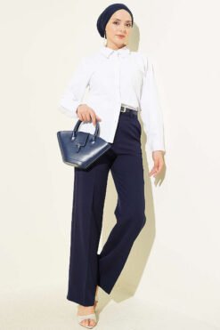 Vista alternativa di Wide Leg Belted Button Pants Navy Blue