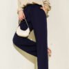Wide Leg Drawstring Waist Pants Navy Blue