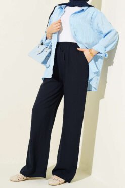 Wide-Leg Elastic Waist Pants Navy Blue