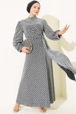Geometric Pattern Stone-Embellished Belted Evening Dress