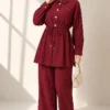 Long Tunic Set with Hidden Button and String Detail Burgundy