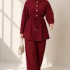 ⁦Long Tunic Set with Hidden Button and String Detail Burgundy⁩ - الصورة ⁦2⁩