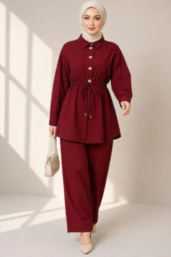 Alternative view of Long Tunic Set with Hidden Button and String Detail Burgundy