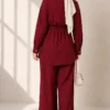 ⁦Long Tunic Set with Hidden Button and String Detail Burgundy⁩ - الصورة ⁦3⁩