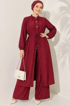 Alternative view of Long Tunic with Hidden Button Two-Piece Set Burgundy
