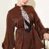 Hidden Button Balloon Sleeve Satin Shirt Brown