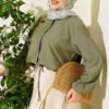 Hidden Button Waist Tunic Short Shirt Khaki