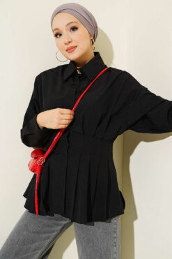 Hidden Button Waist Pleated Shirt Black