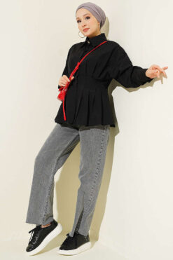 Alternative view of Hidden Button Waist Pleated Shirt Black
