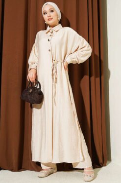 Long Tunic Set with Hidden Button and String Detail Beige