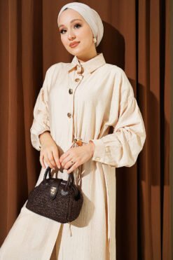Vue alternative de Long Tunic Set with Hidden Button and String Detail Beige