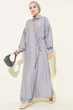 Long Tunic Set with Hidden Button and String Detail Grey