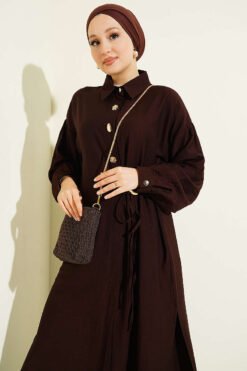 Vue alternative de Long Tunic Set with Hidden Button and String Detail Brown