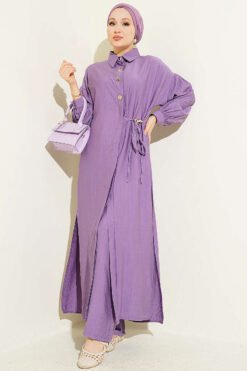 Long Tunic Set with Hidden Button and String Detail Lilac