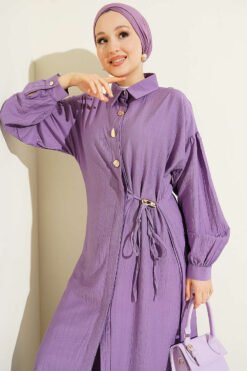 Vue alternative de Long Tunic Set with Hidden Button and String Detail Lilac