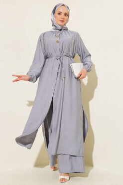 Long Tunic with Hidden Button Two-Piece Set Grey