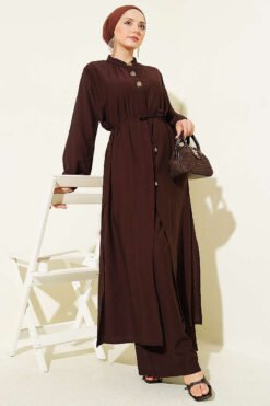 Long Tunic with Hidden Button Two-Piece Set Brown