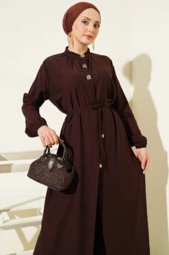 Vista alternativa di Long Tunic with Hidden Button Two-Piece Set Brown