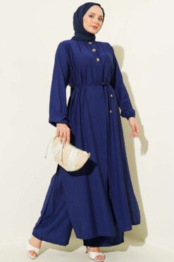 Long Tunic with Hidden Button Two-Piece Set Navy Blue