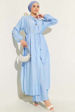 Long Tunic with Hidden Button Two-Piece Set Blue