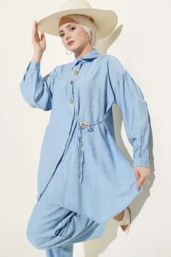 Alternative view of Gold Button Side Tie Two-Piece Set Blue