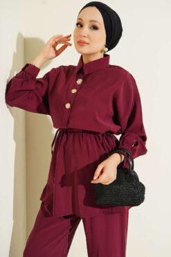 Alternative view of Gold Button Detail Waist Tunic Two-Piece Set Burgundy