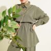 Gold Button Detail Waist Tunic Two-Piece Set Khaki – Image 2