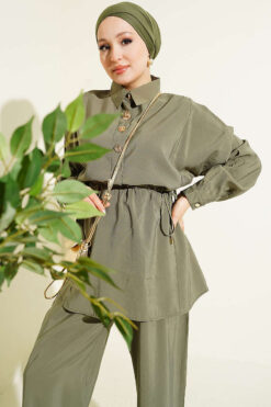Alternative view of Gold Button Detail Waist Tunic Two-Piece Set Khaki